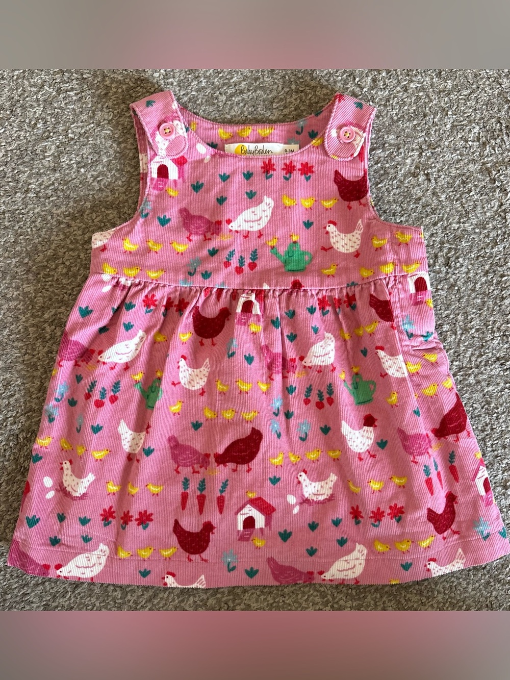 Baby Boden Pink Chicken Print Corduroy Pinafore